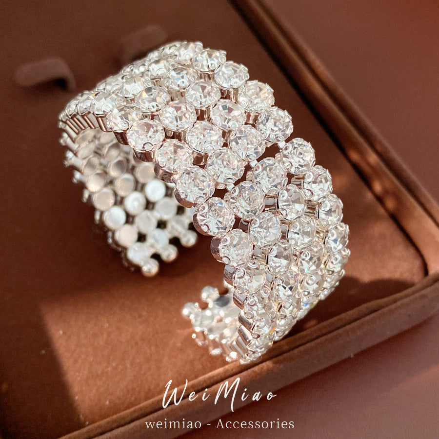 Luxury Elegant Round Rhinestone Inlaid Iron Open Cuff Bracelet for Women
