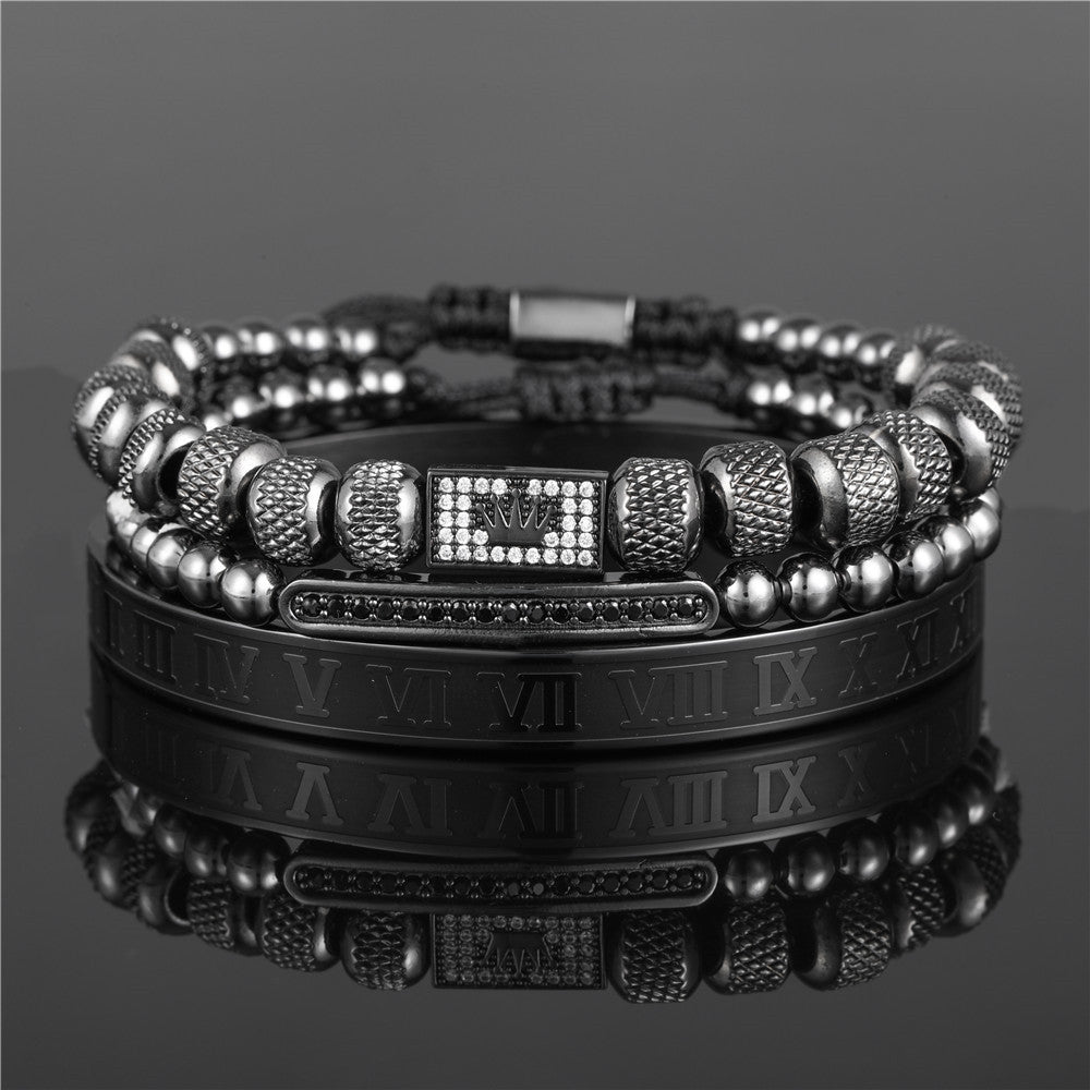 Vintage Punk Geometric Plated Titanium Steel Bracelet Set with Crown and Roman Letter Elements for Men and Women