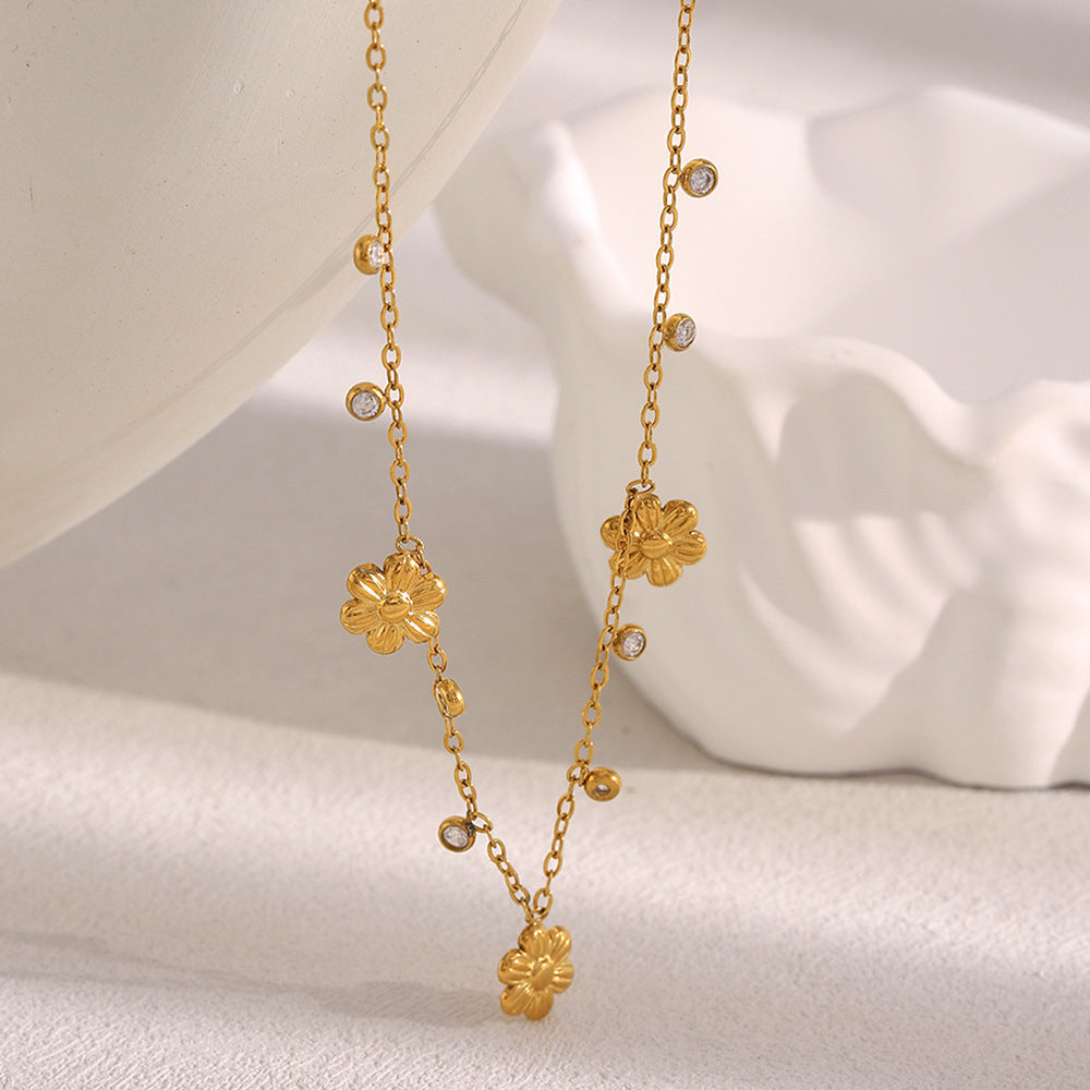 Minimalist Floral Pendant Necklace in Stainless Steel with 18K Gold Plating and Zircon Accents on O-Chain for Women