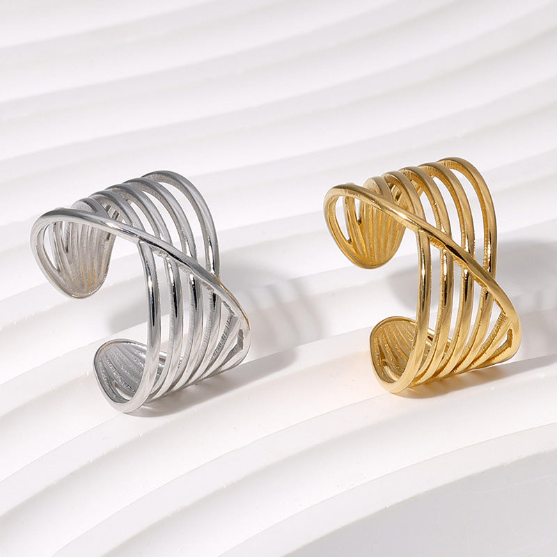 Anello Aperto da Donna Minimalista in Acciaio Inossidabile con Linee Geometriche e Finitura Placcata