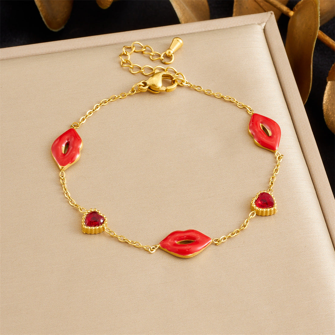 Minimalist Sweet Stainless Steel Drip Oil Plated Heart Floral Fruit Rhinestone Bracelet