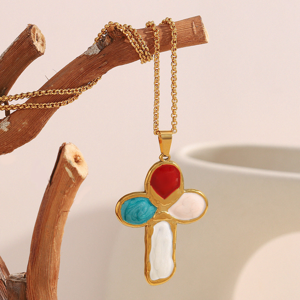 Luxury Vintage Cross Pendant Necklace in Stainless Steel with 18K Gold Plating and Enamel Coloring