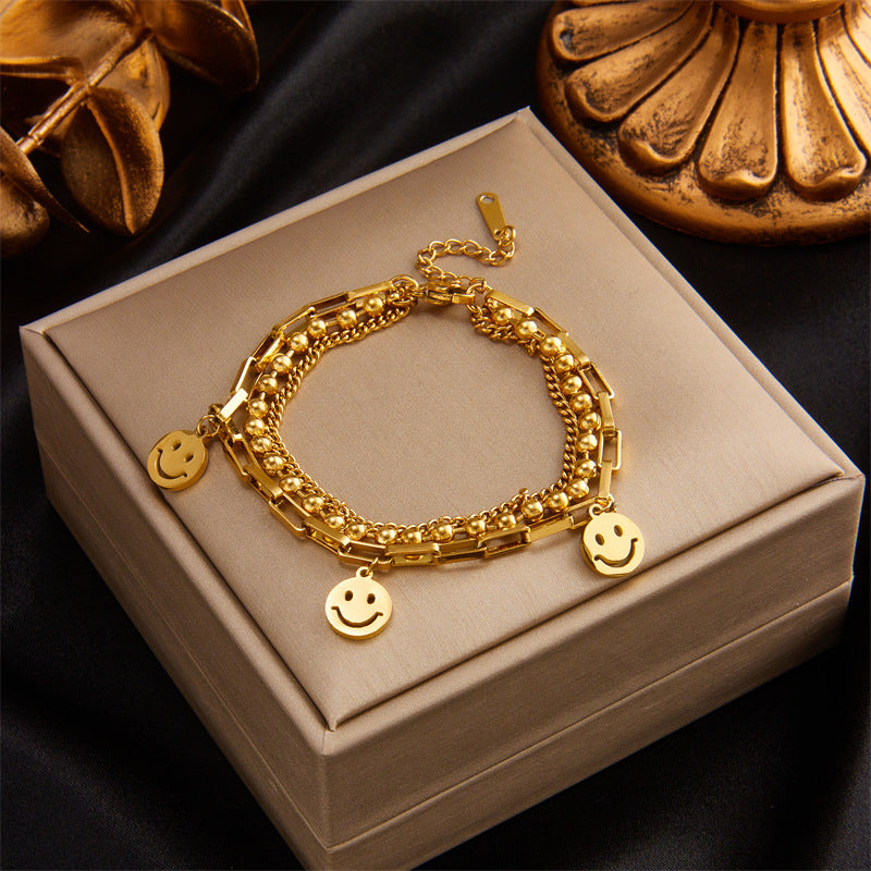Bracciale Minimalista in Acciaio al Titanio a Strati con Ciondolo a Cuore, Cerchio, Sorriso, Farfalla e Occhio