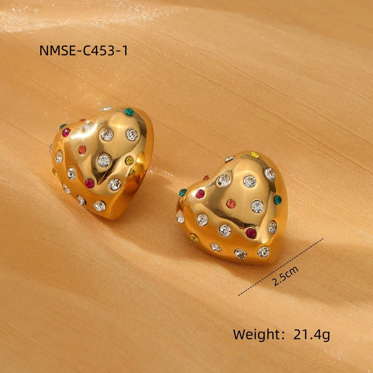Orecchini da donna vintage in acciaio inossidabile a forma di cuore con intarsio di strass e placcatura in oro 18K