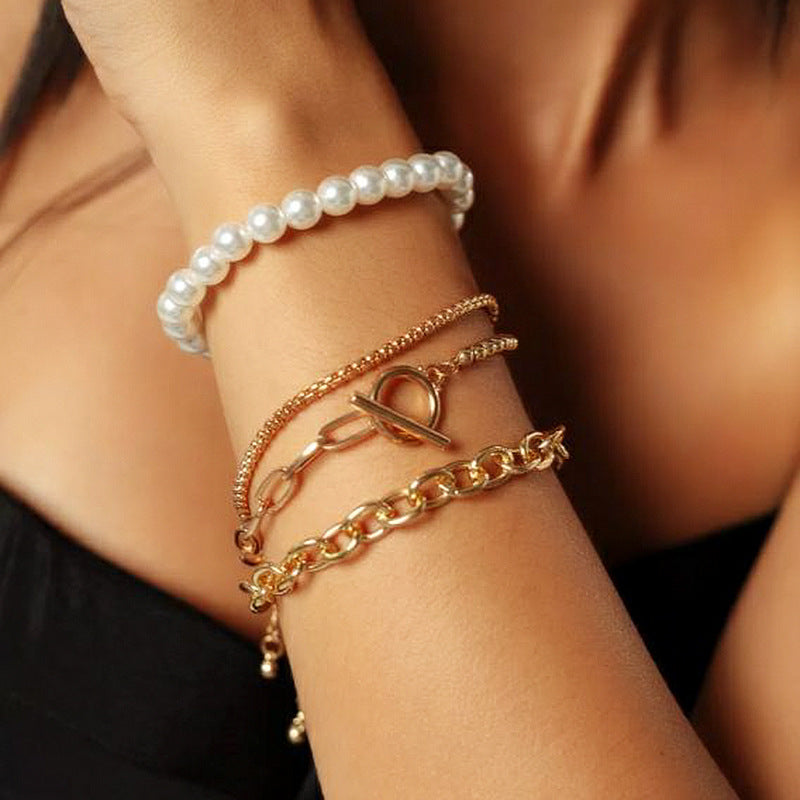 Punk Minimalist Geometric Metal Bracelet Set with Electroplated Finish for Women