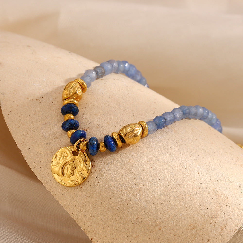 Vintage-Inspired Geometric Stainless Steel 18K Gold Plated Coin Bracelet with Natural Stone for Women