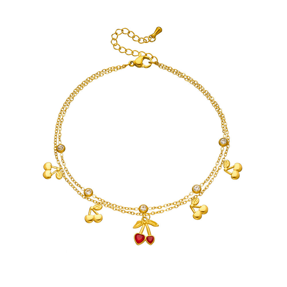 Sweet Heart Rhinestone Cherry Gold Plated Stainless Steel Double Layer Anklet for Women