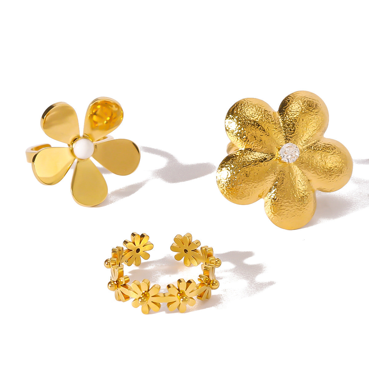 Anello da donna minimalista a forma di fiore in acciaio inossidabile con intarsio di strass e fascia regolabile