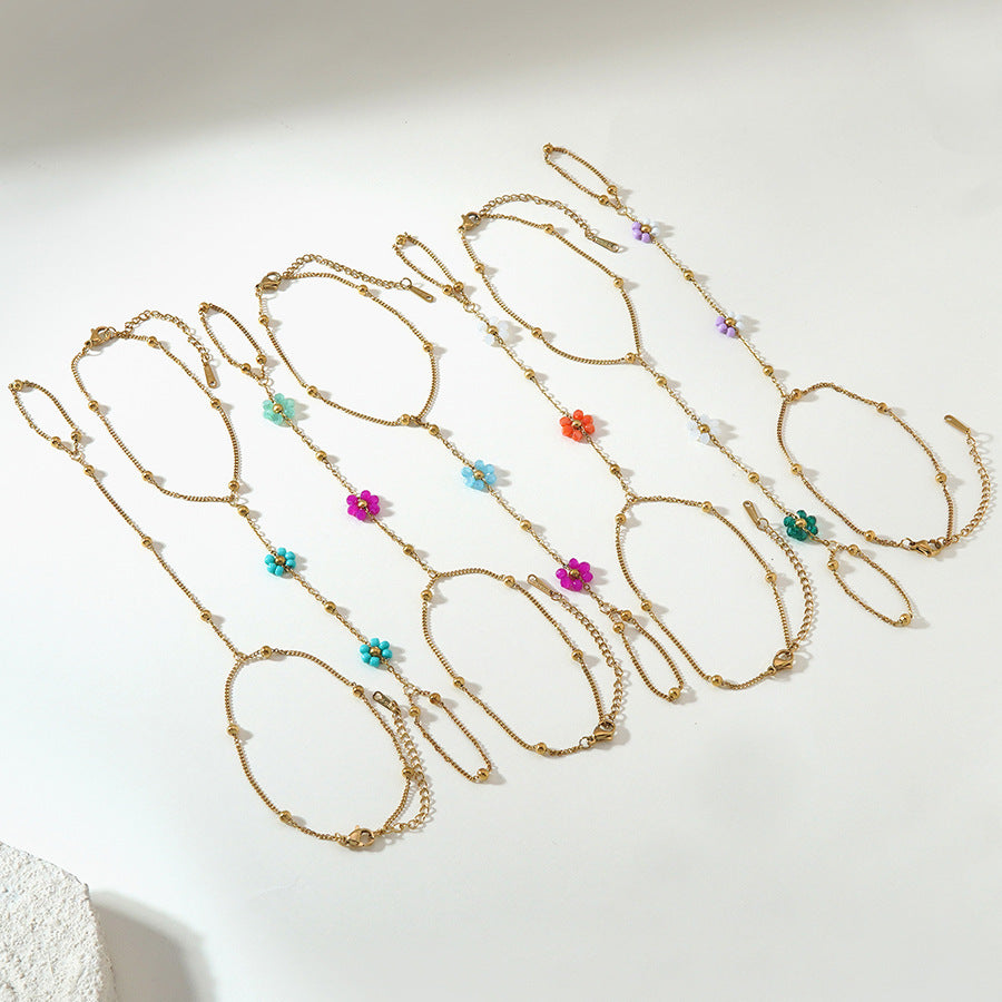 Elegante bracciale con anello a catena floreale geometrico minimalista in acciaio inossidabile placcato per donne