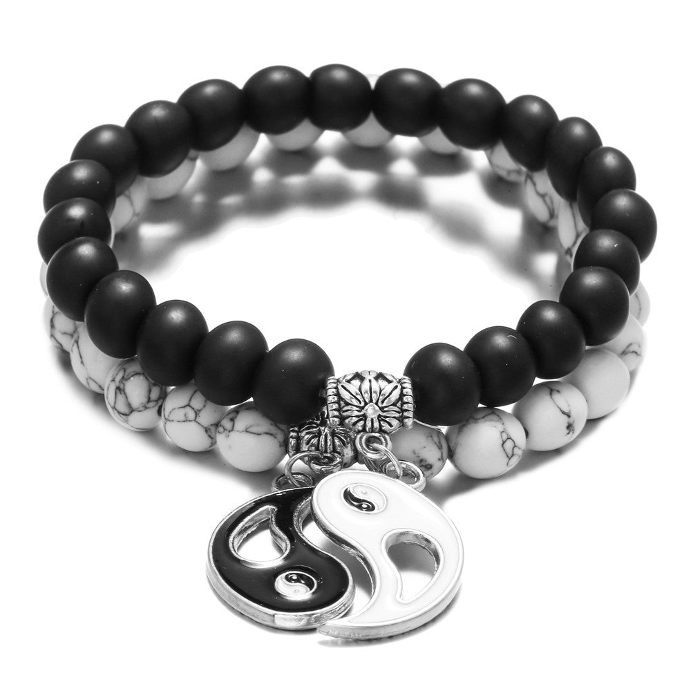 Yin Yang Geometric Round Drip Oil Matte Black and White Turquoise Alloy Bracelet Set for Unisex