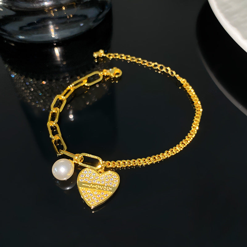 Sweet Minimalist Heart Letter Cubic Zirconia Pearl Plated Titanium Steel Bracelet