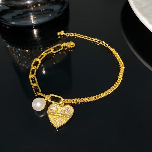 Sweet Minimalist Heart Letter Cubic Zirconia Pearl Plated Titanium Steel Bracelet
