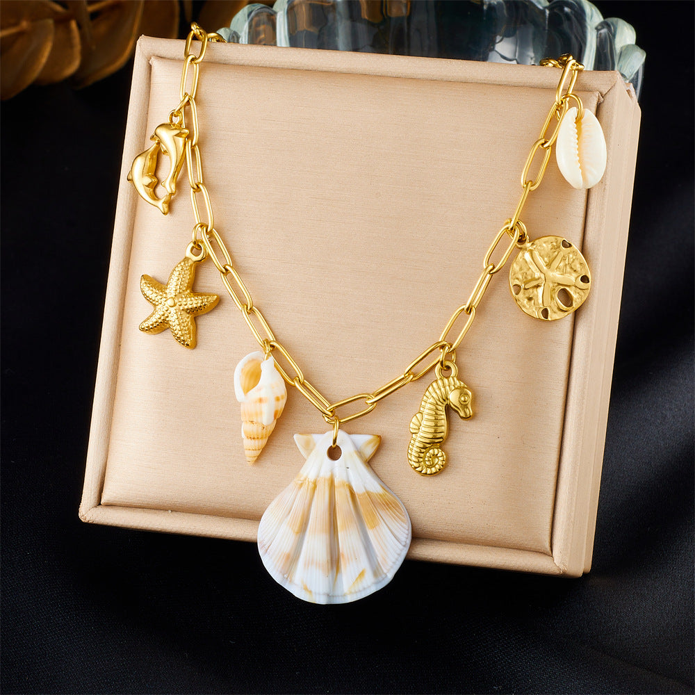 Sweet Stainless Steel Plated Animal Shell Turtle Seahorse Starfish Sun Pendant Necklace with Curb Chain for Women