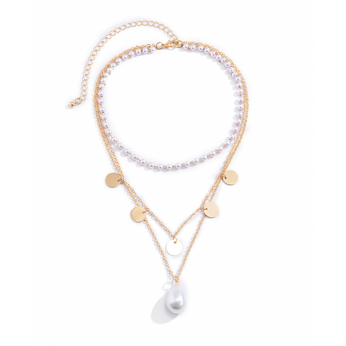Collana a più strati con nappina geometrica e pendente a goccia di perla imitazione su catena a maglie per donna