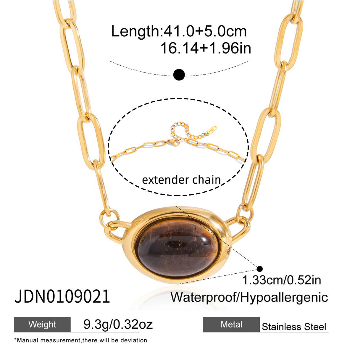 Collana con ciondolo ovale geometrico a occhio di tigre in acciaio al titanio con finitura galvanizzata per donna