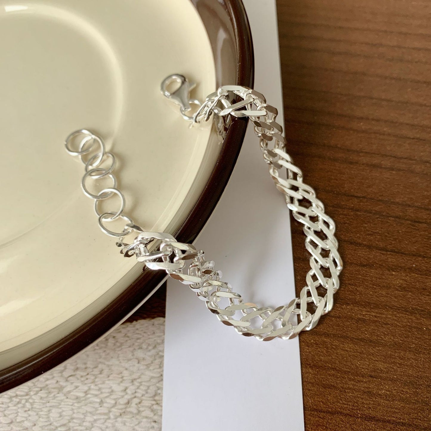 Minimalist Geometric S925 Sterling Silver Bracelet with Beveled Square Links