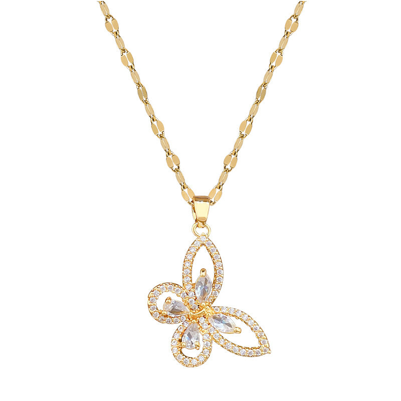Sweet Butterfly Titanium Steel Necklace with Cubic Zirconia Inlay for Women and Men
