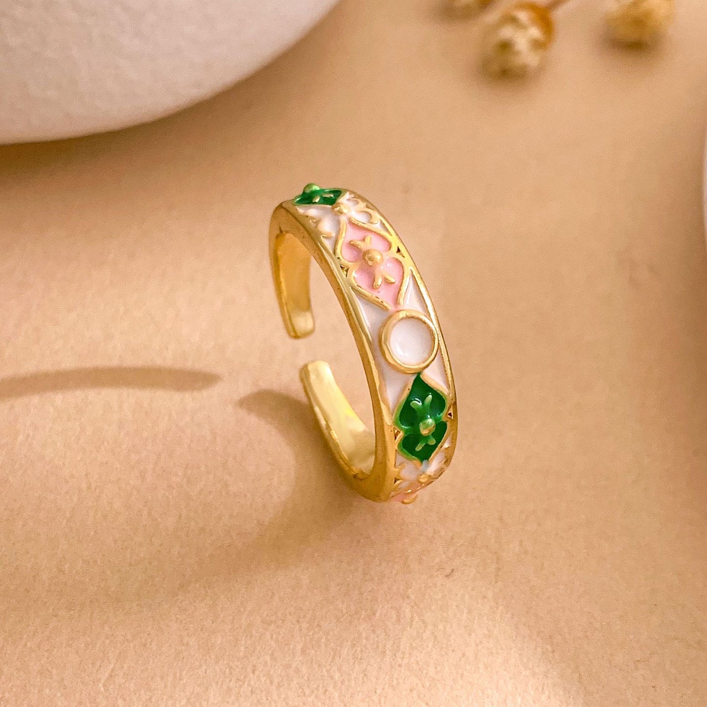 Vintage Sweet Gold Plated Brass Enamel Geometric Open Ring for Women