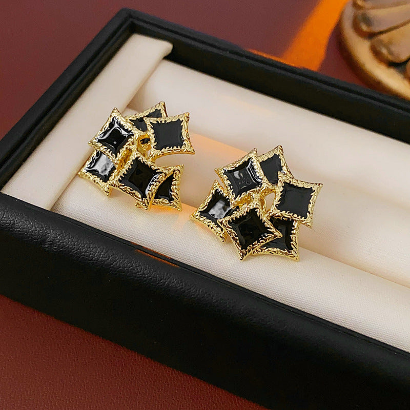 Vintage French-Style Geometric Square Enamel Earrings with Stainless Steel Posts for Women