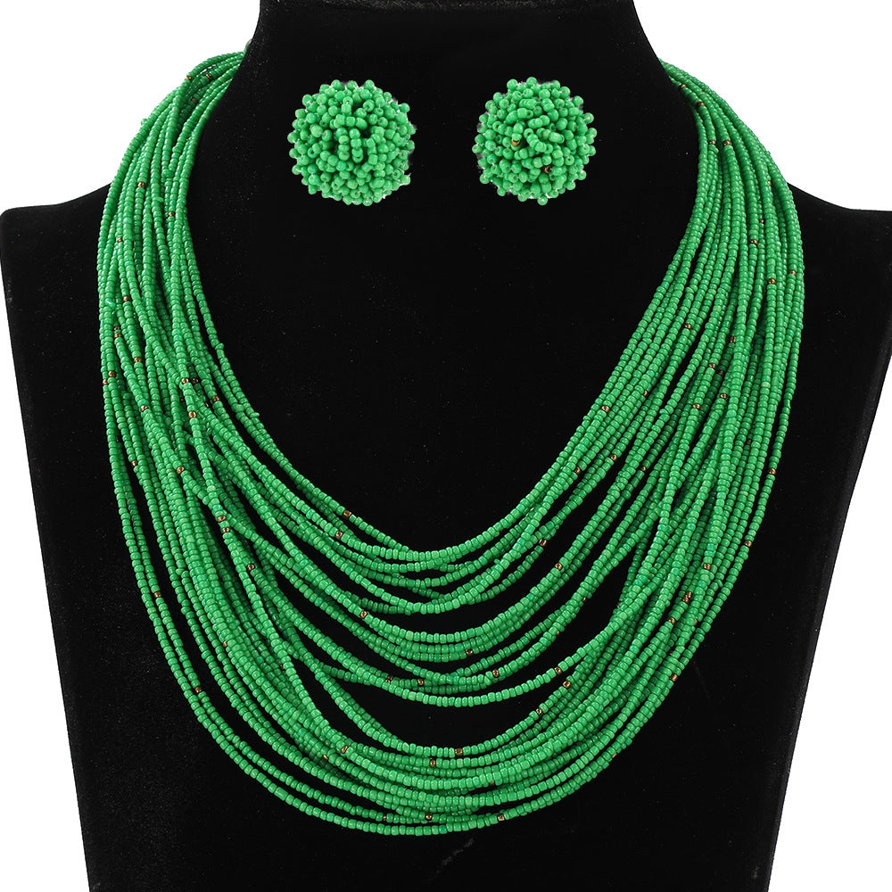 Bohemian Multi-Layer Glass Seed Bead Necklace and Earrings Set for Women with Line Pattern and Ethnic Design