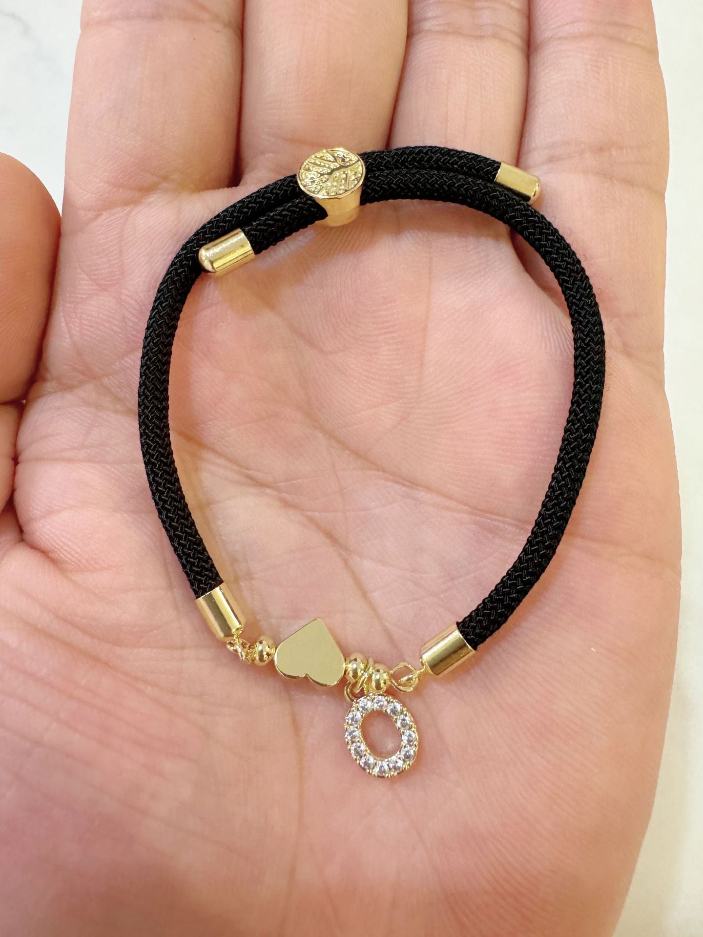 Minimalist Letter Heart Brass Plated Cubic Zirconia Bracelet with Adjustable Black Cord for Women