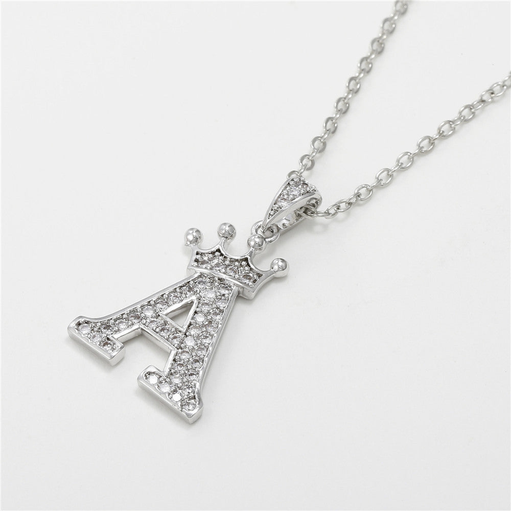 Minimalist White Gold Plated Crown Letter Pendant Necklace with Micro-Pave Cubic Zirconia for Women