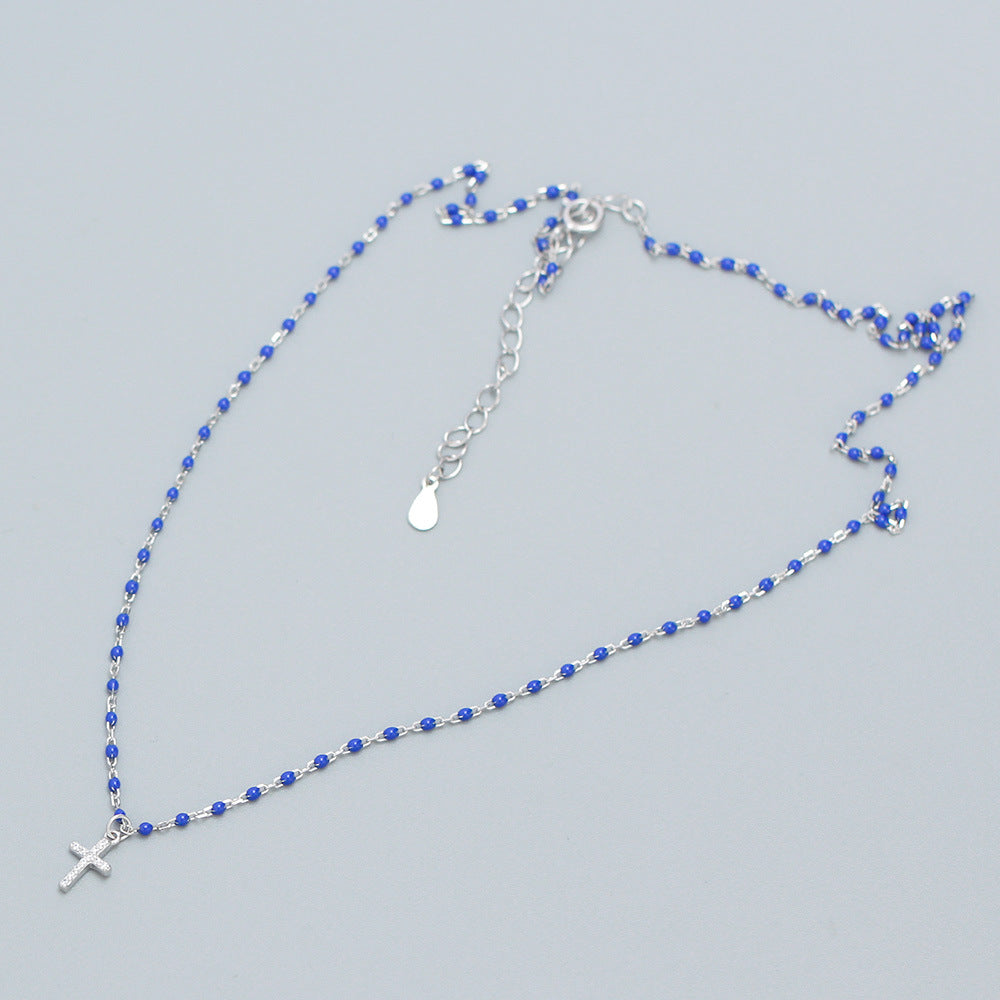 S925 Sterling Silver Cross Pendant Necklace with Rhinestone Inlay, Minimalist Luxury Design for Women, Resin Coated, Fashion Casual