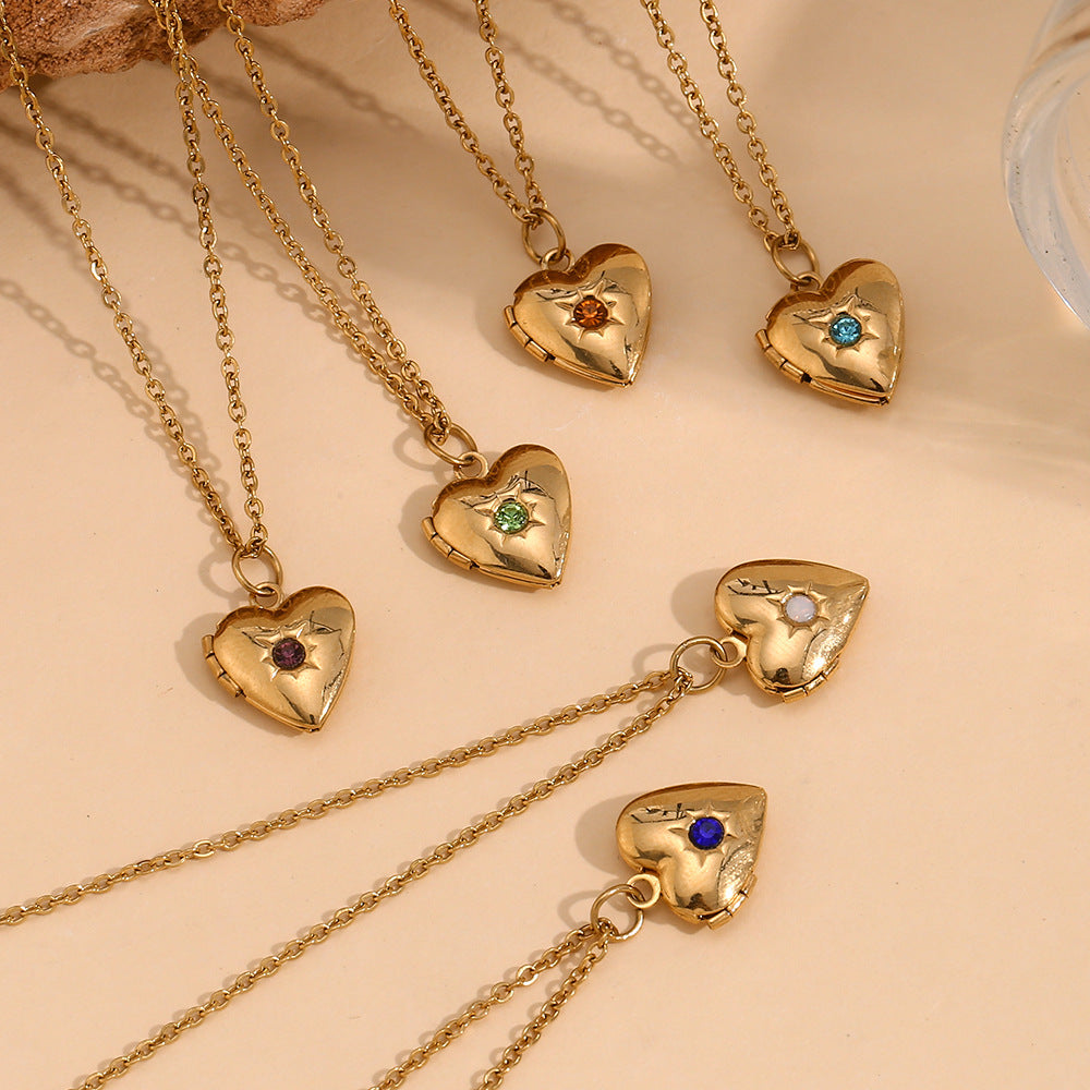 Minimalist Heart Locket Necklace with December Birthstone, Stainless Steel & Titanium Steel, 18K Gold Plated