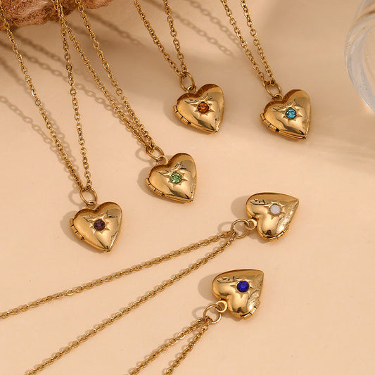 Minimalist Heart Locket Necklace with December Birthstone, Stainless Steel & Titanium Steel, 18K Gold Plated