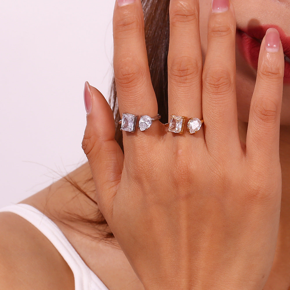 Creative Geometric Stainless Steel Ring with 18K Gold Plating and Square Zirconia Accent for Women