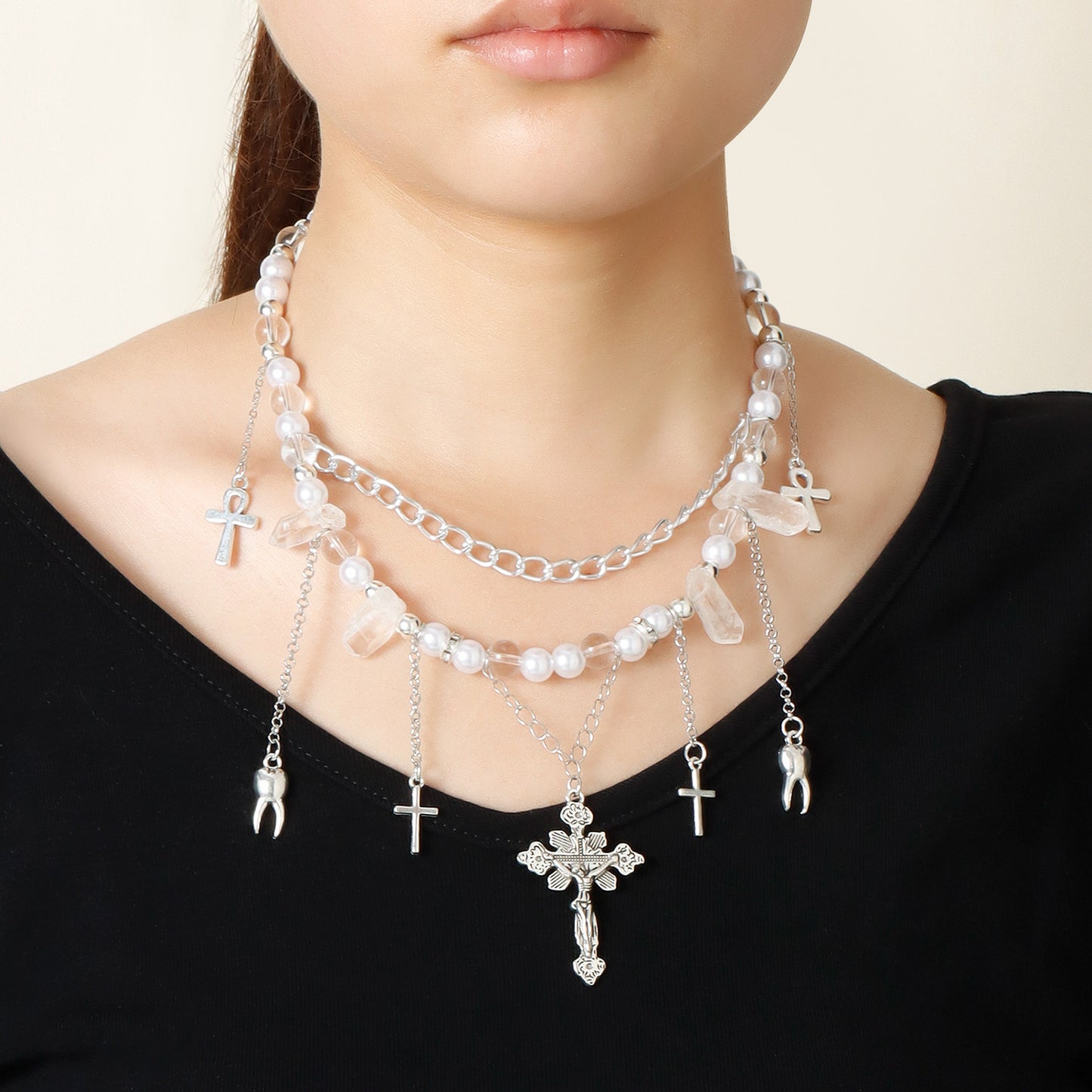 Minimalist Cross Pendant Necklace with Alloy Charm and Imitation Pearl Accents on Delicate Clavicle Chain