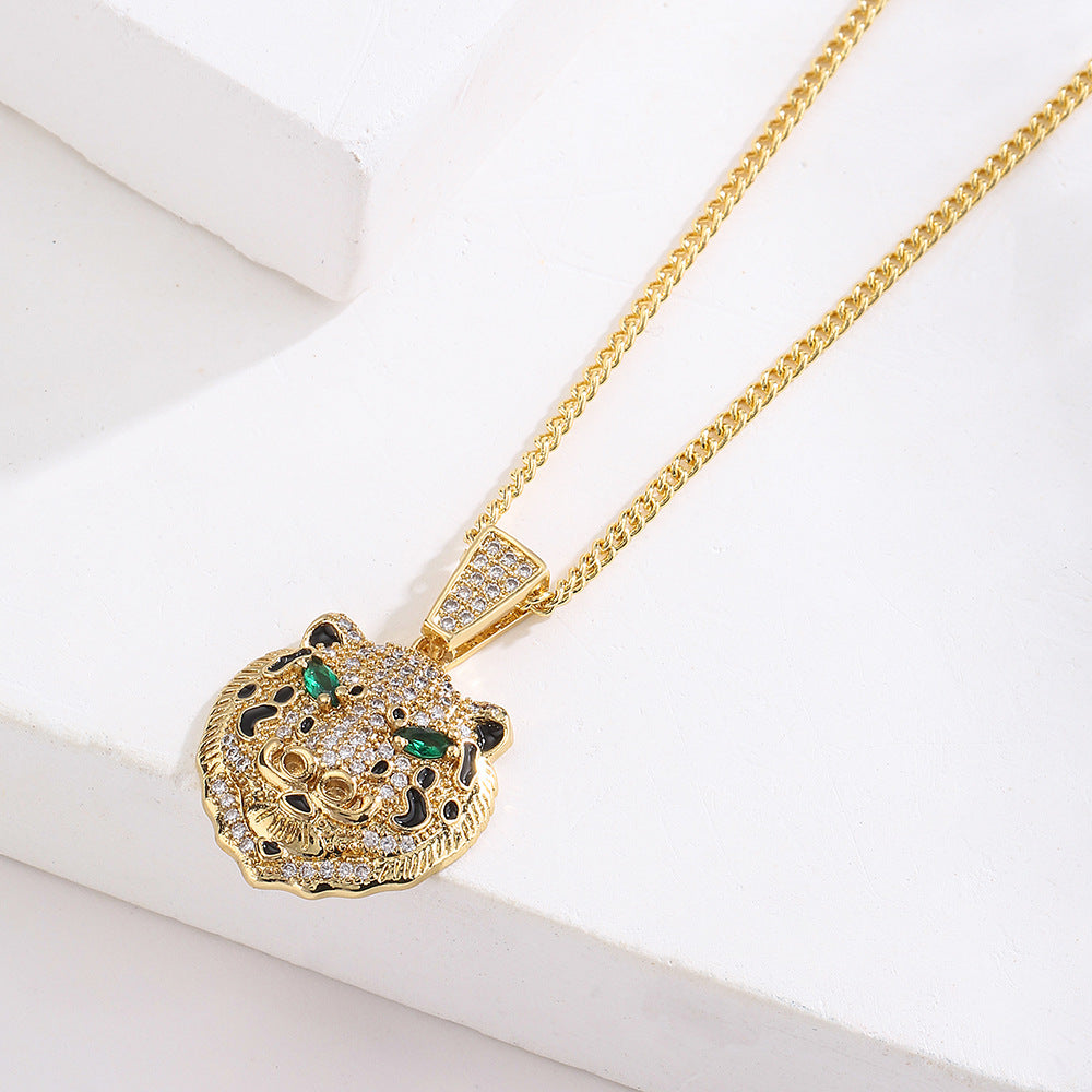 Ins Style Geometric Tiger Head Pendant Necklace for Women with Copper Base Plated in 18K Gold and Zircon Inlay