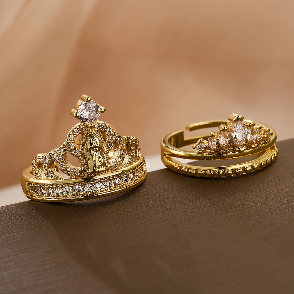 Minimalist Geometric Crown Maria Open Ring for Women in Brass with Real Gold Plating and Micro-Paved Zirconia