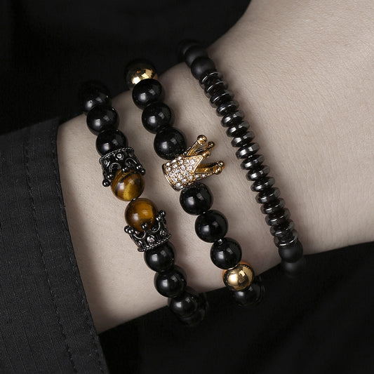 Sporty Micro-pave Cubic Zirconia Crown Elastic Braided Bracelet Set with Tiger Eye and Lava Stone for Unisex