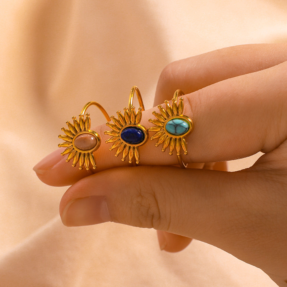 INS Style Geometric Sun-Shaped Stainless Steel Ring with Turquoise Inlay for Women and Men