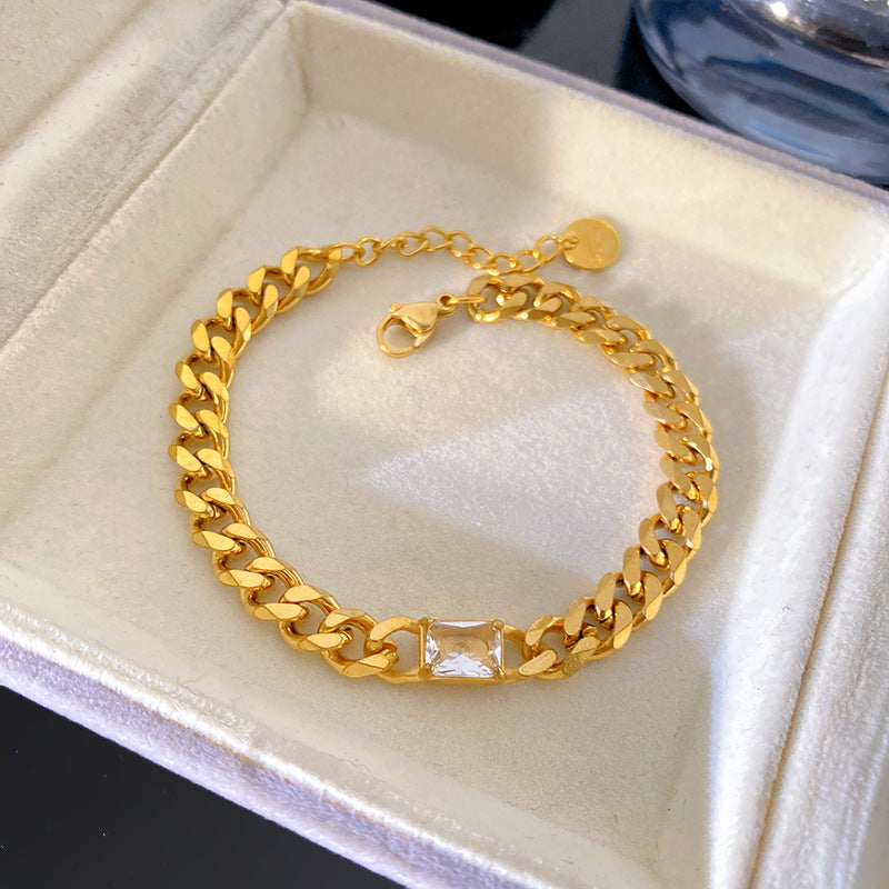 Geometric PVD Gold Plated Stainless Steel Cuban Link Chain Bracelet with Cubic Zirconia