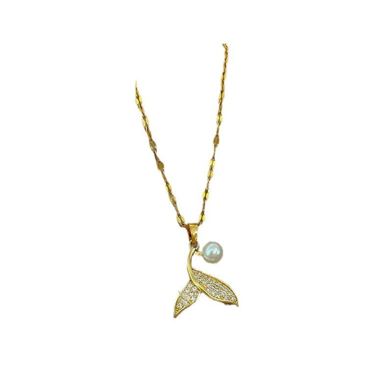 Geometric Pearl Pendant Necklace for Women in Titanium Steel with Micro-Pavé Rhinestones, Delicate Clavicle Chain