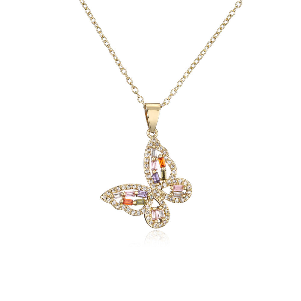 Elegant Gold Plated Brass Geometric Butterfly Necklace with Colorful Square Cubic Zirconia Inlay on Cable Chain