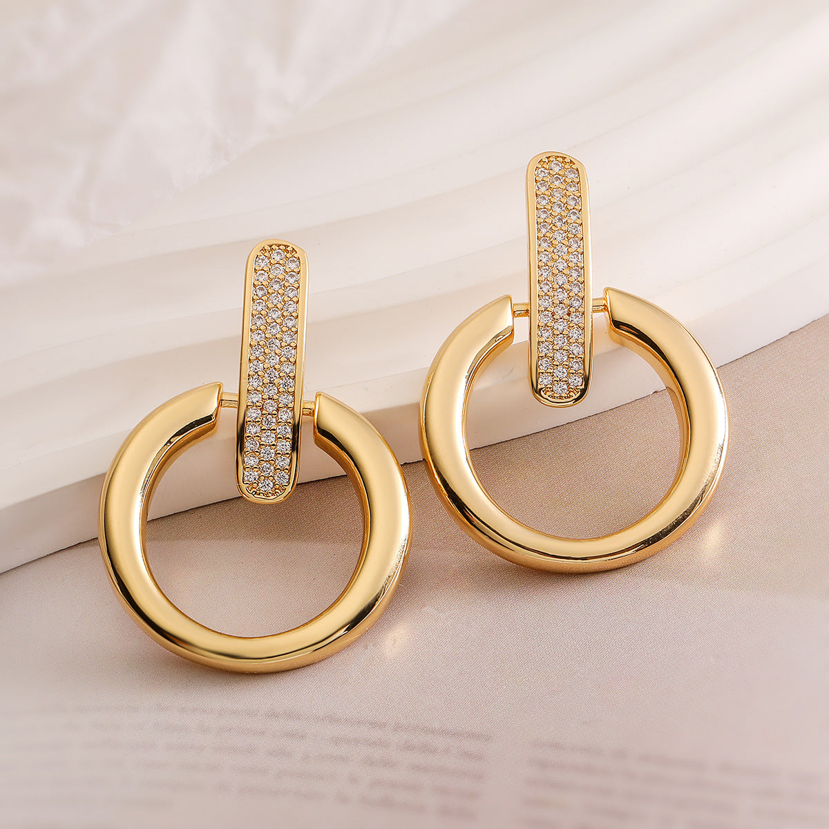 Minimalist Geometric Copper Earrings with 18K Gold Plating and Zircon Accents for Women