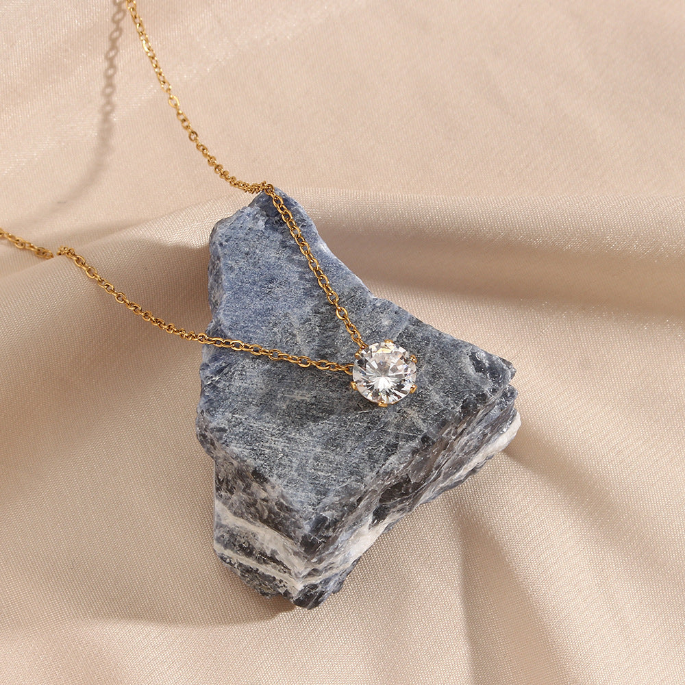 Fashionable OL Style Geometric Crown Pendant Necklace in Stainless Steel with White Zirconia and Plated Finish