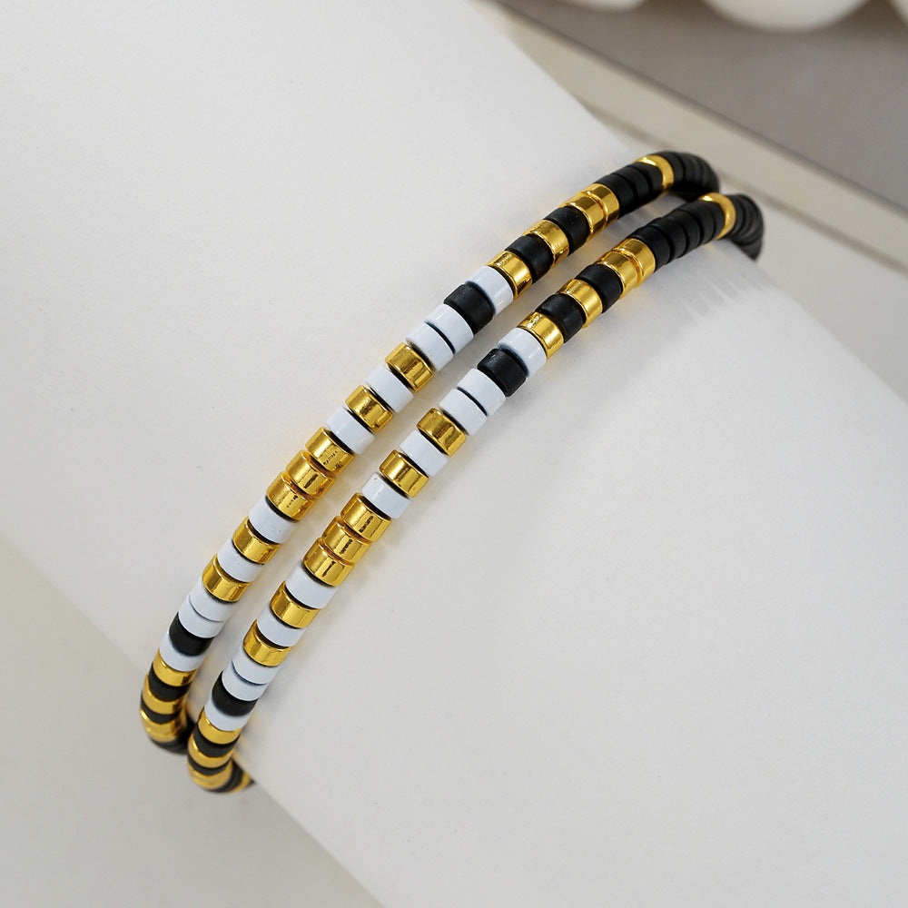 Bohemian Style Geometric Black Obsidian and Stainless Steel Handcrafted Bracelet for Women