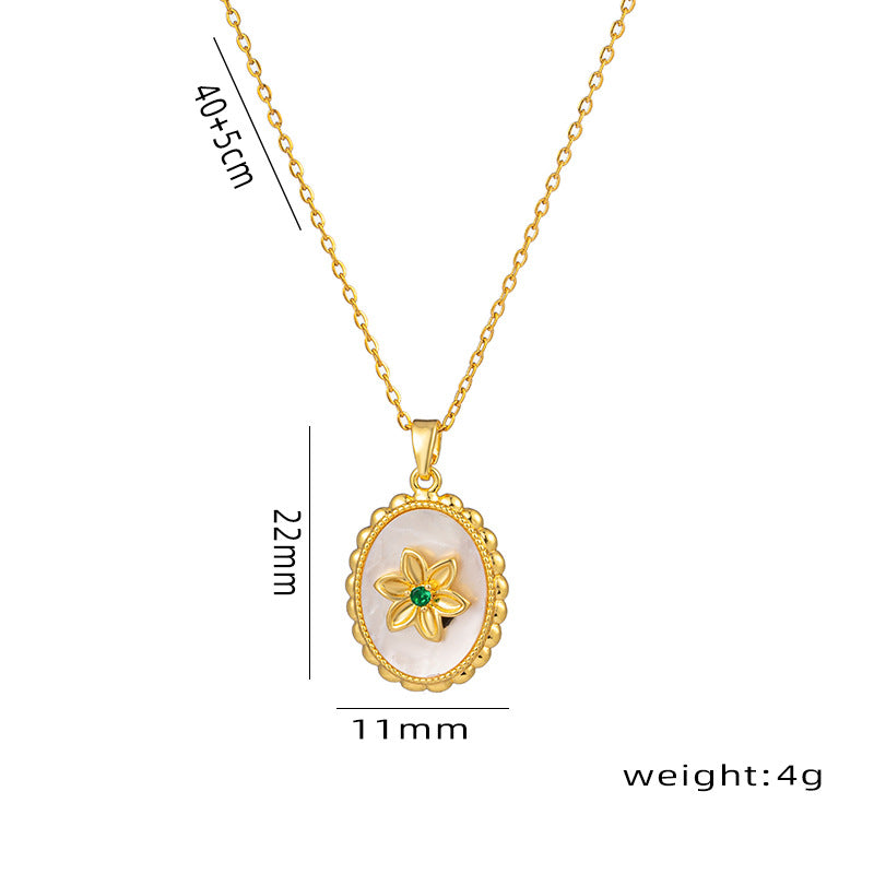 Collar de Cadena O de Acero de Titanio Chapado en Oro de 18K con Colgante de Flor Redonda de Nácar Blanco Lujoso Vintage para Mujer