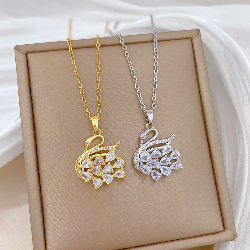 Sweet Geometric Rhinestone Swan Pendant Necklace Titanium Steel Cable Chain for Women and Men