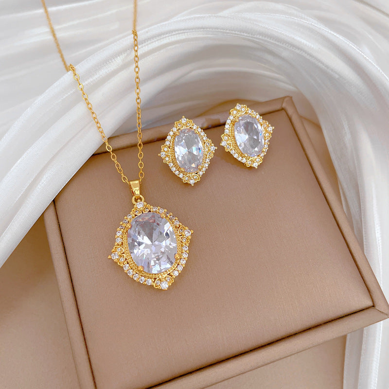 Luxury Fresh and Sweet Plated Brass Zircon Micro-Pave Earrings and Necklace Set