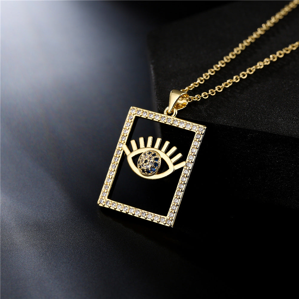 Gold Geometric Inlaid Cubic Zirconia Brass Necklace with Cable Chain for Women