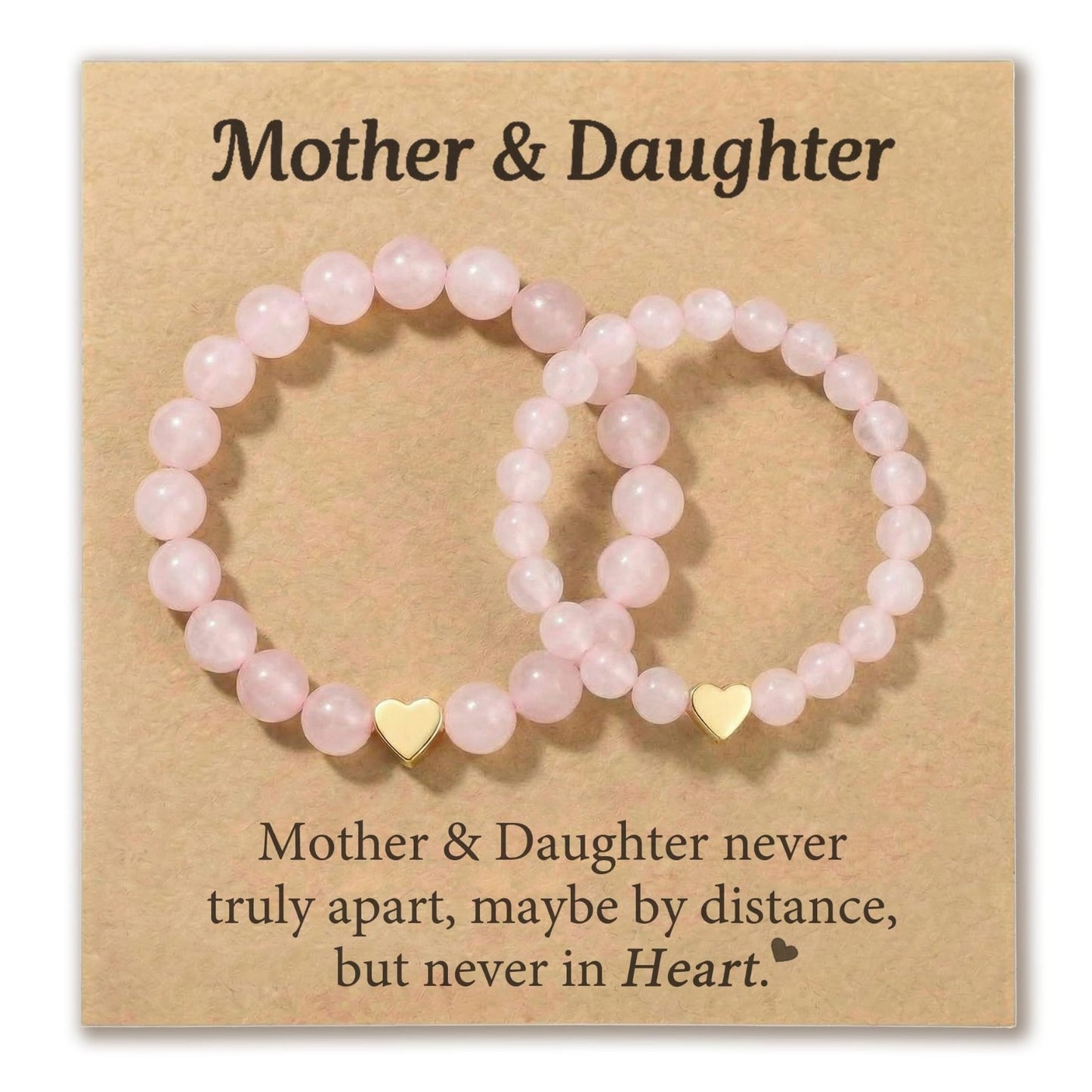 Natural 8mm Pink Crystal Beaded Bracelet Set with Heart Pendant Geometric Charm Unisex Jewelry Gift