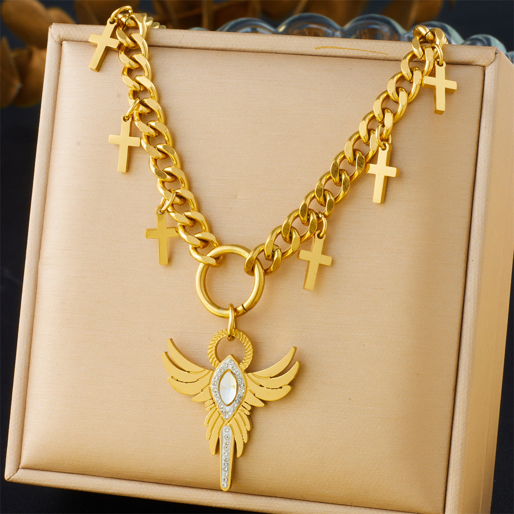 Casual Business Stainless Steel Plated Star Geometric Rhinestone Wing Sun Pendant Necklace for Women