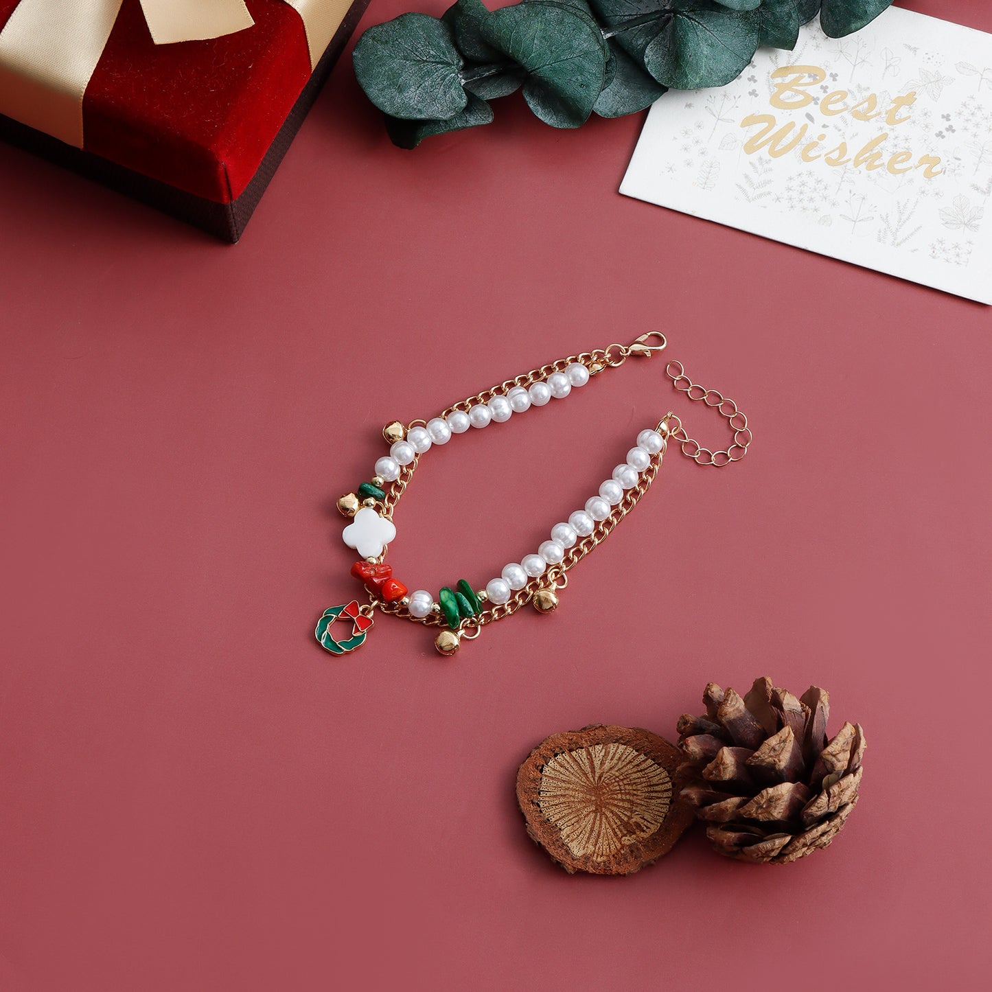 Minimalist Geometric Clover Bell Pearl Bracelet with Plated Finish for Christmas and Anniversary Gifting