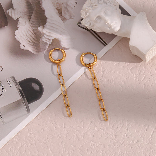 Fashion Minimalist Geometric Long Paperclip Chain Earrings Stainless Steel 18K Gold Plated for Women