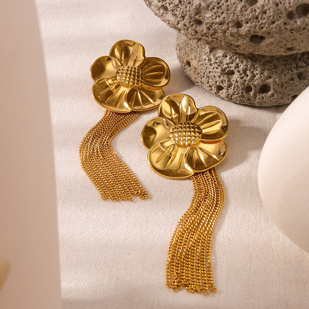 Pendientes minimalistas de acero inoxidable con forma de girasol, borlas y baño de oro de 18 quilates al vacío para mujer
